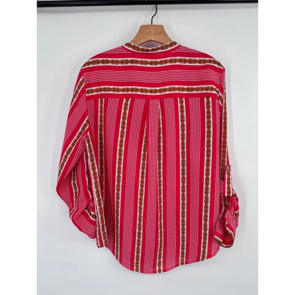 Michael Kors Womens orange Striped chain Patterned Blouse Long roll tab Sleeve S - Picture 12 of 13